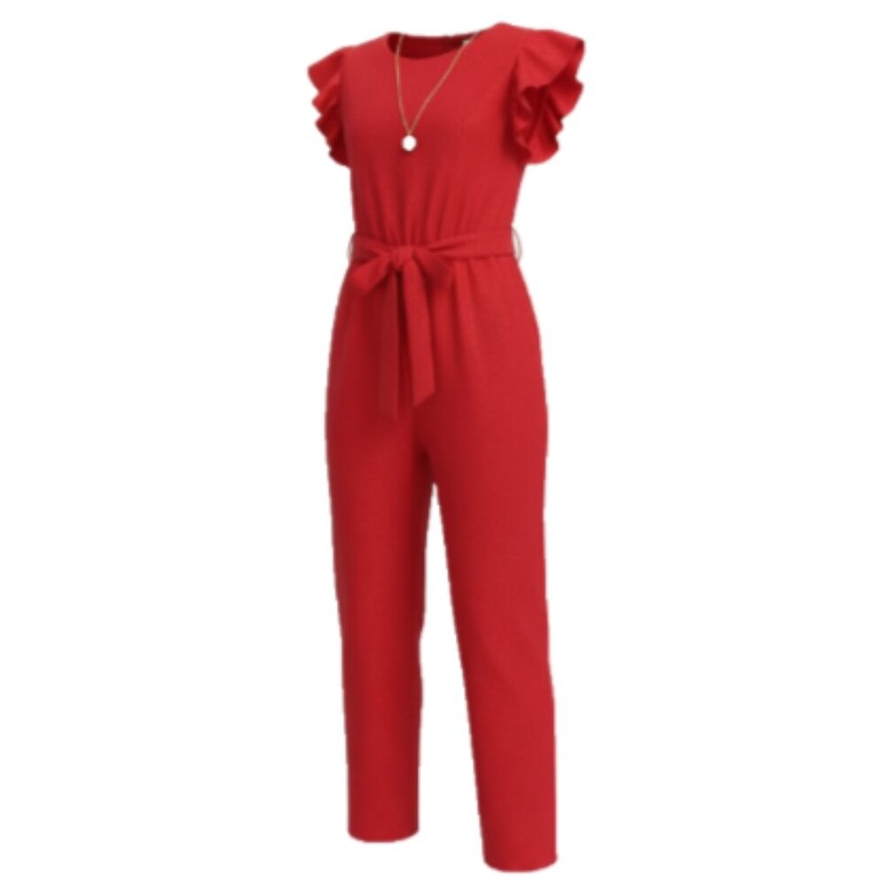 Rare Editions Red Holiday Jumpsuit Sz 14 NEW Flutter Sleeve Tie Waist